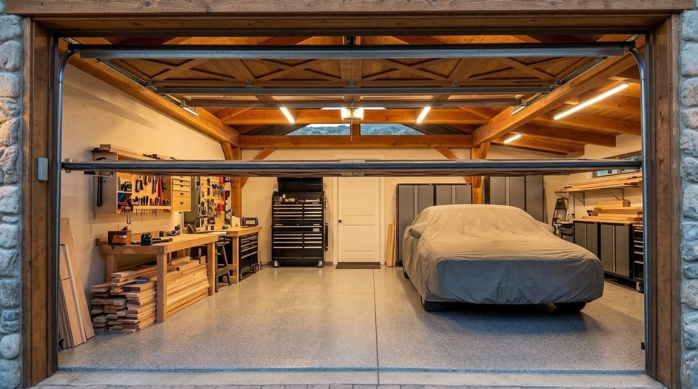 Burton Garage Door Services Interior View of Custom Garage Door Overhead and Workshop